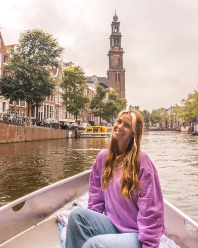 Westerkerk by boat in Amsterdam, the Netherlands