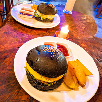 Burgers for dinner at the Krusty Krab in Nusa Penida, Bali, Indonesia