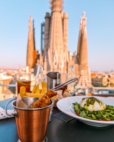 Food at the Rooftop Terrace of Ayre Hotel Rosellón in Barcelona, Spain