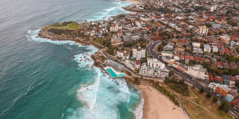 Drone shot of Bondi Beach, Sydney, Australia