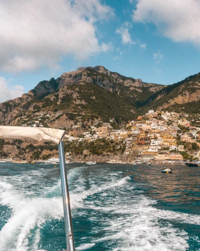 Boat view of Positano, Amalfi Coast, Italy