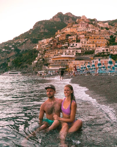 Instagrammable Place Spiaggio Grande or main beach in Positano, Amalfi Coast, Italy