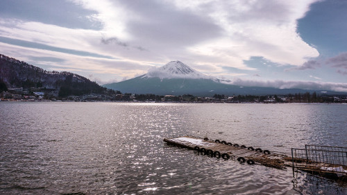 Mt. Fuji from the shore across the Kozantei Ubuya Hotel in Kawaguchiko, Japan