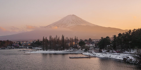 Mt. Fuji sunset from the Ohashi Bridge in Kawaguchiko, Japan