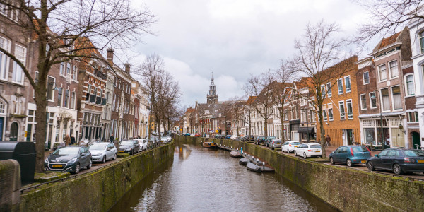 View of Sint Janskerk from the Haven in Gouda, the Netherlands