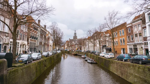 View of Sint-Janskerk from the Haven in Gouda, the Netherlands