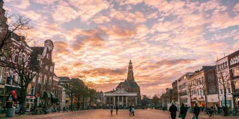 Sunset view of the Korenbeurs in Groningen, the Netherlands