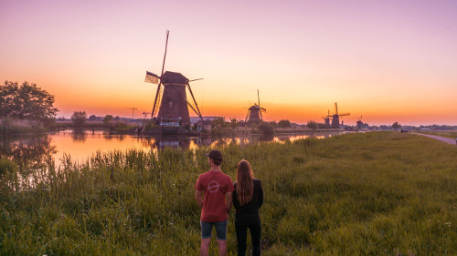 Sunset at UNESCO World Heritage Kinderdijk, Holland, the Netherlands