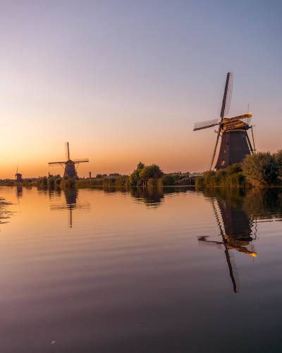 Sunset at UNESCO World Heritage Kinderdijk, Holland, the Netherlands