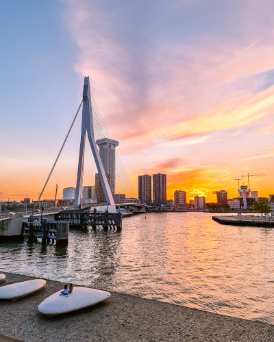 Sunset view of Erasmus Bridge in Rotterdam, the Netherlands