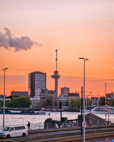 Sunset view of the Euromast in Rotterdam, the Netherlands