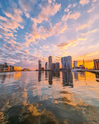 Wilhelminapier skyline at sunset in Rotterdam, the Netherlands