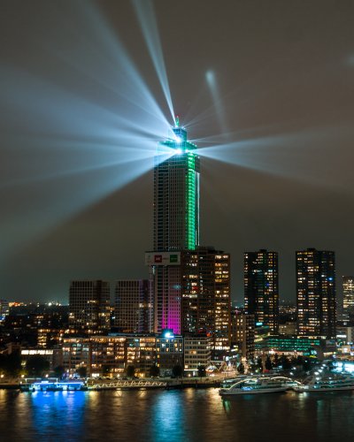 Light show at the Zalmhaven Tower in Rotterdam, the Netherlands