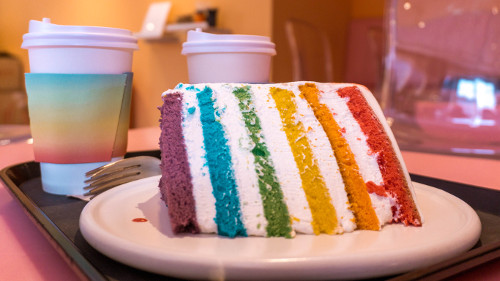 Rainbow cake at Instagrammable café Doré Doré in Seoul, Korea