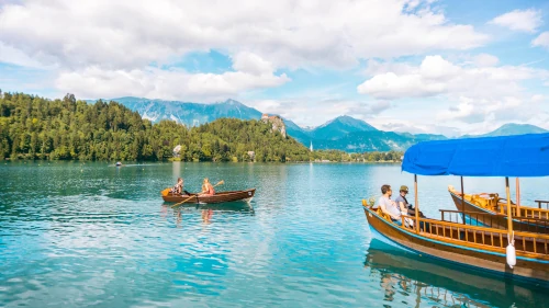 Pletna Boats at Bled Island in Slovenia