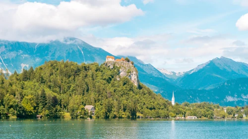 View of Bled Castle from Bled Island, Slovenia