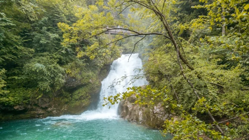 Sum waterfall at the Vintgar Gorge near Lake Bled in Slovenia