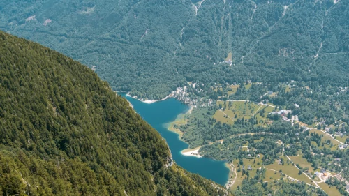 View of Lake Bohinj from Prsivec in Triglav National Park, Slovenia