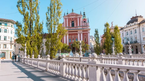 Church of Annunciation and the Triple Bridge in Ljubljana, Slovenia