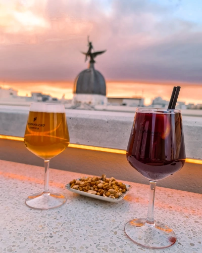 Drinks at the rooftop terrace at Pestana CR7 Hotel in Madrid, Spain