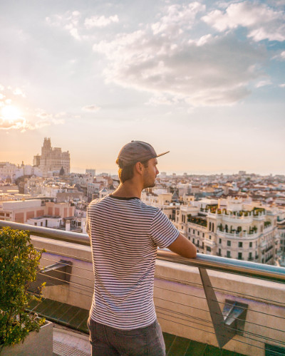 Sunset at the rooftop bar Azotea del Circulo de Bellas Artes in Madrid, Spain