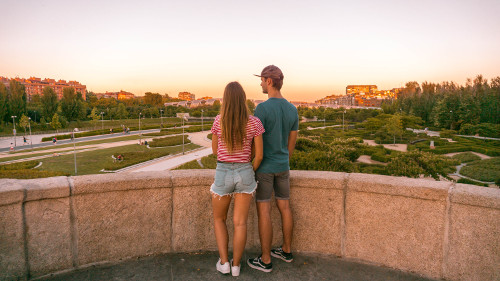 Sunset at the Bridge of Toledo in Madrid Rio Park, Spain