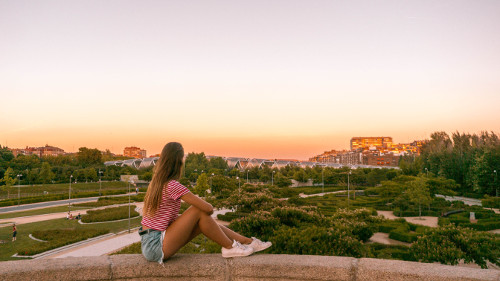 Sunset at the Bridge of Toledo in Madrid Rio Park, Spain