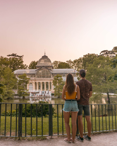 Sunset at Instagrammable Place Crystal Palace in Madrid, Spain