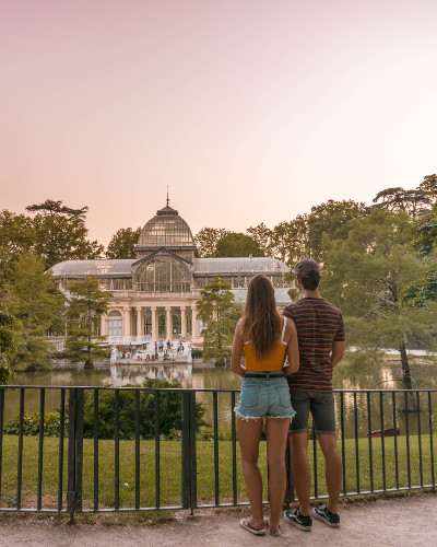 Sunset at Crystal Palace in Retiro Park, Madrid, Spain