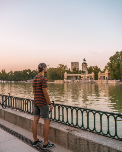 Sunset at Instagrammable Place Retiro Pond in Madrid, Spain