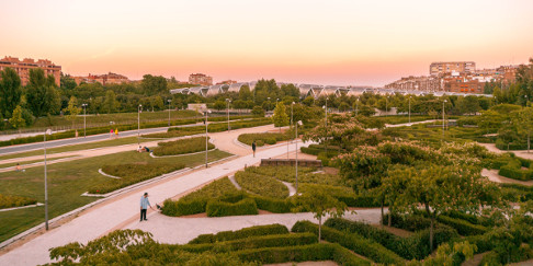 Sunset at Madrid Rio Park in Madrid, Spain