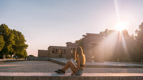 Sunset at Temple of Debod in Madrid, Spain