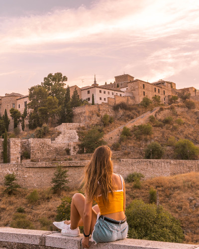 Sunset at Instagrammable place Alcantara Bridge in Toledo, Spain