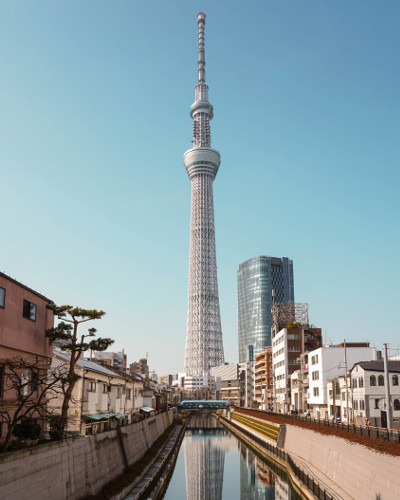 View of the Tokyo SkyTree from the Jikken Bridge in Tokyo, Japan